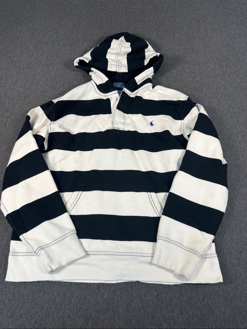 Polo Ralph Lauren Rugby Hoodie Striped Black White Youth Large 14-16 Blue Pony